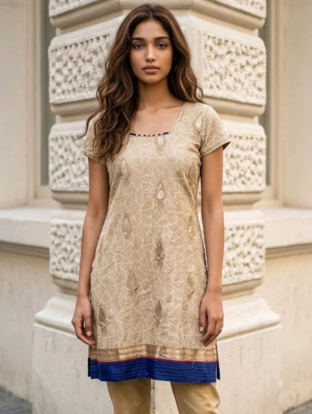 Pakistani Tan Silk Kurta Dress 40 Embroidered Leaf Ethnic Tunic Boho Elegant